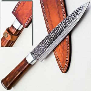 Cuchillo de chef de acero al carbono hecho a mano de 8 pulgadas de diseño moderno ambidiestro con mango de madera con acabado satinado y Funda de cuero puro - Product Image 5