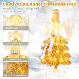 Albero di Natale a forma di angelo personalizzabile da 1,57 m preilluminato con 150 LED bianco caldo, design oro/bianco, figura d'angelo e foglie scintillanti - Product Image 3