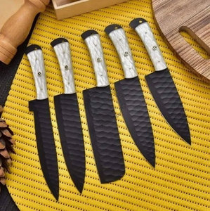 Top Trending Custom Handmade J2 Steel Powder Coated <b>Sharp</b> Hammered Blade Ambidextrous Straight Edge 5-Piece Kitchen <b>Knives</b> <b>Set</b> - Product Image 4