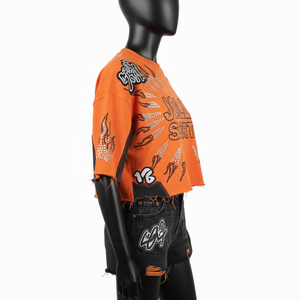 T-shirt court pour femme en jersey de coton premium avec empiècements en maille, logo personnalisé par transfert thermique, respirant - Product Image 3