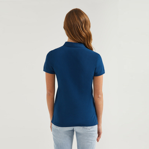 Polo pour femme en tissu piqué 100% coton, manches courtes, couleur unie, longueur normale, bleu marine - Product Image 3