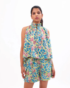 Casual Floral Printed Pure Cotton <b>Shirt</b> Collar Top with Sleeveless Halter Co-Ord <b>Set</b> with <b>Shorts</b> for Summer Beachwear - Product Image 5
