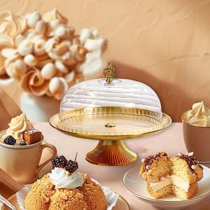 Gold Round <b>Cake</b> <b>Stand</b> with Glass Dome <b>Cover</b> 30cm Reusable Hand Wash Only - Product Image 4
