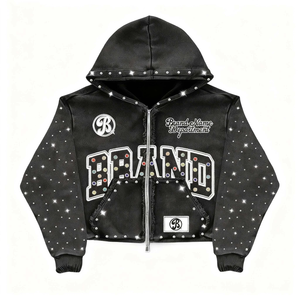 Sweat-shirt à capuche noir avec logo de marque en strass, fermeture éclair, streetwear, veste en satin surdimensionnée pour homme, vêtements d'hiver - Product Image 3