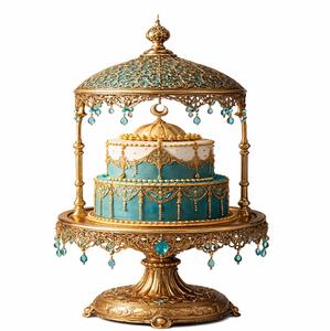 Support à gâteau de luxe doré avec couvercle en dôme, style arabe élégant, centre de table de mariage avec pompons en cristal pour l'Aïd et le Ramadan - Product Image 1
