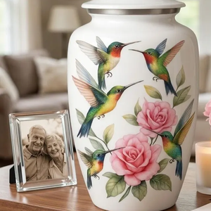 Urne commémorative de table, vase à cendres, motif floral et oiseaux, en aluminium, urne décorative pour la commémoration à domicile - Product Image 4