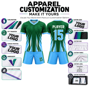 Tenue de football personnalisée vert-bleu géométrique sublimée, anti-humidité, 100 % polyester, manches courtes, coupe classique pour homme adulte - Product Image 3