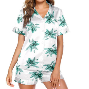 Ensemble pyjama à manches courtes pour femmes, motif floral lavande, avec col mandarin et short à cordon de serrage, vêtements de nuit d'été - Product Image 4