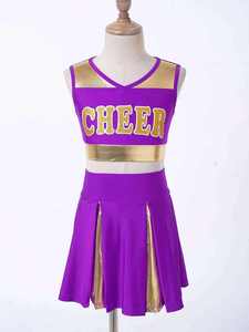 Purple Cheerleading Uniform Set With <b>Metallic</b> <b>Gold</b> Trim Cheer Crop <b>Top</b> Pleated Skirt Matching Pom Poms Girls Team Outfit - Product Image 3