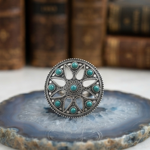 DIVYORO Flower Pattern Cocktail <b>Ring</b> with Turquoise Stones Brass Oxidized Silver Plated Bohemia Style Party - Product Image 2