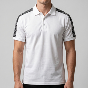 Polo homme personnalisé avec logo, imprimé bandana cachemire, empiècements aux épaules, en coton piqué respirant, manches courtes, pour le golf, été - Product Image 4