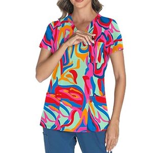 Unisex Customized Printed Scrub Top Short Sleeve V-Neck Polyester Woven Hospital Uniform Blouse with <b>Name</b> <b>Tag</b> Pocket - Product Image 5