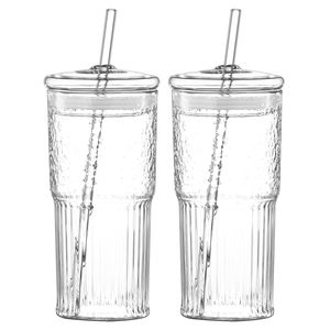 Paquete de 2 Vasos de Vidrio de Borosilicato de Alta Resistencia al Calor de 20 oz con Tapa con Patrón Vertical para Jugo, Leche y Bebidas - Product Image 1