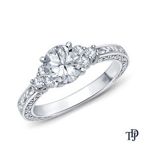 Bague de fiançailles en or 10K ornée d'un motif gravé en spirale, trio de diamants de laboratoire, design vintage complexe avec centre rond, OEM - Product Image 1