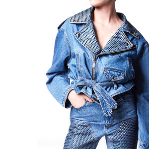 Women's PU Leather Thin <b>Denim</b> Motorcycle <b>Jacket</b> Full Sleeve Zipper Closure Turn-down Collar Rivet Decoration Short Length Autumn - Product Image 3