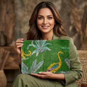 Green Quilted With Animal Print Zipper Closure Bohemian Style Portable Makeup Pouch - Product Image 1