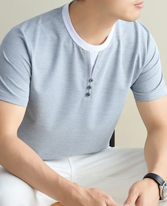 Men's Short Sleeve O Neck Solid Gray 100% Cotton Front Logo Casual T-Shirt Regular Fit Breathable - Product Image 1