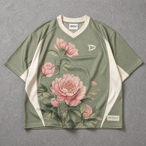 เสื้อยืดคอกว้างสไตล์วินเทจ Y2K แบบสปอร์ต พิมพ์ลายดอกไม้ด้วยเทคนิค DTG  ขายส่งเสื้อเจอร์ซีย์กีฬาผ้าตาข่ายคอวีแบบโอเวอร์ไซส์ - Product Image 1