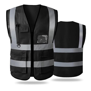 Gilet de sécurité réfléchissant noir haute visibilité unisexe en polyester toutes saisons, uniforme de garde avec poches et fermeture auto-agrippante - Product Image 3