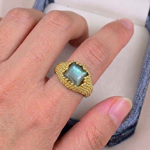 Solid 925 Sterling <b>Silver</b> Labradorite Gemstone <b>Ring</b> Gold Plated Wide Beaded Ornate <b>Band</b> Vintage Unisex <b>Ring</b> - Product Image 5