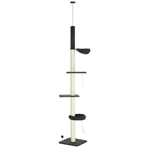 Torre per Gatti a 5 Livelli Regolabile 95-106 cm, Nera e Crema, con Amaca, Tiragraffi e Pallina Giocattolo, Tiragraffi da Terra a Soffitto - Product Image 1