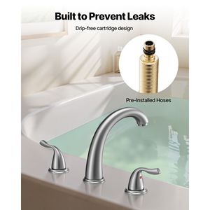Acciaio inox spazzolato beccuccio ad arco alto 3 fori vasca romana rubinetto vasca da bagno cascata 2 manici bagno vasca rubinetti doccia - Product Image 5