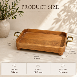 Plateau rectangulaire élégant en bois d'acacia avec poignées dorées et base surélevée – Solution de service haut de gamme pour les maisons modernes - Product Image 2