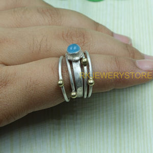 Bague en calcédoine bleue, argent sterling 925 et laiton, faite à la main, pierre précieuse en calcédoine naturelle, bijoux bohèmes vintage, cadeau pour elle - Product Image 3