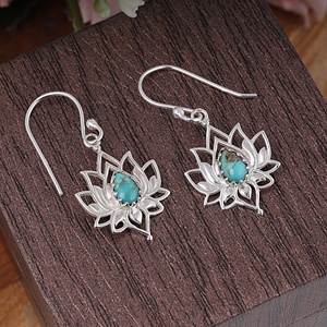 Pendientes de Flor de Loto con Turquesa Natural, Hechos a Mano, Plata de Ley, Joyería Boho para Mujer, Pendientes Colgantes - Product Image 6