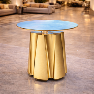 Mesa Auxiliar Contemporánea Glam con Acabado Dorado Pulido, Superficie Metálica Circular y Base Geométrica Artística, Mueble para Sala de Estar - Product Image 3