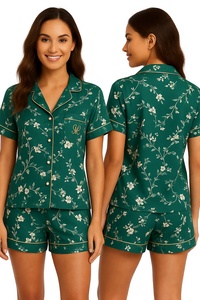 Ensemble de pyjama en satin à manches courtes pour femmes, imprimé géométrique, avec col rabattu, fermeture à boutons, vêtements de nuit d'été - Product Image 3