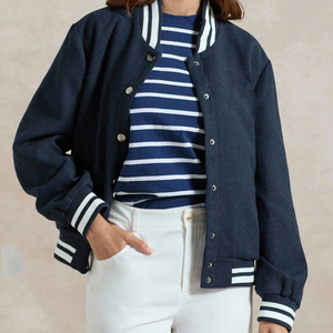 Hand Made Women Navy Blue Varsity Jacket Full Sleeve Button Up Contrast Trim Regular Fit Autumn Solid Color Turn-Down Collar - Product Image 1
