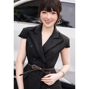 Chaleco Blazer Elegante de Tweed Negro para Mujer, Diseño Personalizado para Oficina y Negocios, Doble Botonadura y Manga Corta, Modelo ELENA, ODM OEM - Product Image 3