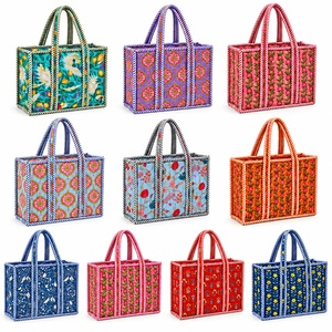 Panelled Tote <b>Bag</b> Blue <b>White</b> Stripe Trim Open Top Canvas Shopping All Seasons Preppy Style - Product Image 3