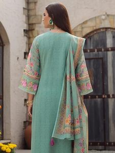 Ensemble 3 pièces pour femme en lin tissé brodé floral, comprenant un kurta droit mi-mollet à col en V, un pantalon et un dupatta - Product Image 2