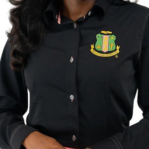 Camisa Oxford de Chenilla Premium para Mujer, Color Negro, Manga Larga, Bordada, con Botones, Estilo Casual y de Negocios - Product Image 3