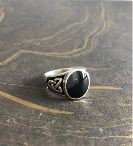 Unisex Black Onyx Signet 925 Sterling Silver <b>Ring</b> - Oval Gemstone <b>Celtic</b> Knotwork Textured Band Wholesaler Vendor - Product Image 3