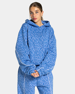 Ensemble survêtement streetwear deux pièces pour femme, sweat à capuche et pantalon oversize à imprimé léopard bleu délavé, 100% coton, décontracté, hiver - Product Image 3