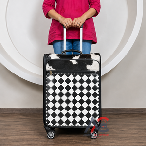 Premium Cowhide Checkered Leather Rolling Suitcases Custom Handmade Multi-Functional Travel <b>Trolley</b> Bag with Spinner Wheels - Product Image 1