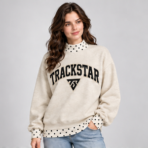 Women's Ivory Mock Neck <b>Sweatshirt</b> with <b>Black</b> Polka Dot Trim and Varsity Graphic Long Sleeve Casual Pullover Custom Wholesale - Product Image 3