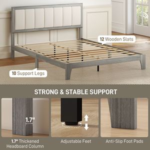 Letto Queen Size con Testiera Imbottita Grigia, Struttura a Piattaforma con Doghe in Legno, Facile Montaggio, Non Richiede Rete a Doghe - Product Image 6