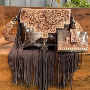 2025 cuir repoussé à la main frange peau de vache sac à bandoulière et cuir repoussé à la main RFID blocage portefeuille à la mode pochette femmes ensembles - Product Image 2
