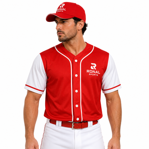 Camiseta de Béisbol Roja para Hombre RONAL SPORTS, Manga Corta, Cierre de Botones, Logotipo Bordado, Prenda Transpirable de Poliéster en Oferta - Product Image 3