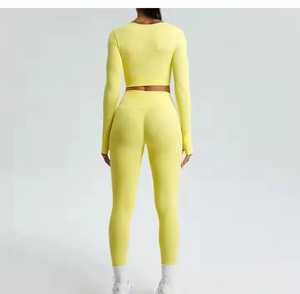 Custom Yoga Set Long Sleeve Scoop Neck Crop Top with Thumbholes & High Waisted Scrunch Booty <b>Leggings</b> Gym Activewear - Product Image 5