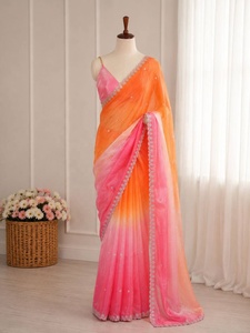 Gradient Orange Purple <b>Satin</b> <b>Saree</b> Embellished Traditional Dress With Unstitched Blouse for Wedding Party - Product Image 3