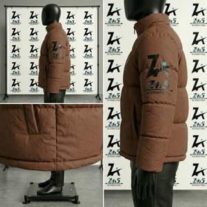 Men's Brown Canvas Puffer <b>Jacket</b> Windproof Zipper Closure Winter Coat Solid Color Thick Stand Collar Regular Fit Front Logo - Product Image 5