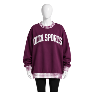 <b>Mens</b> <b>Burgundy</b> Oversized Crewneck Sweatshirt With Checkered Trim Long Sleeve Graphic Print Pullover Casual Streetwear Fashion Top - Product Image 1