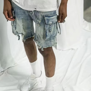 Shorts cargo en jean délavé pour homme, taille mi-haute, déchirés et usés, multi-poches, style décontracté d'été, tissu tissé - Product Image 4