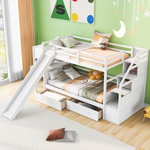 Letto a Castello Bianco con Cassetti Portaoggetti, Scala, Scivolo e Scrivania con Cassetti e Mensole per Bambini - Product Image 2
