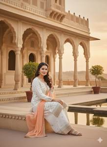 Conjunto de Fiesta Tradicional con Bordado de Lentejuelas Pesadas en Tela Georgette, Top de Secado Rápido y Pantalones Plazzo con Dupatta, Especial para el Festival Eid - Product Image 2